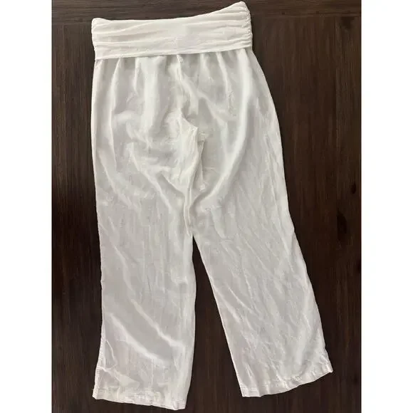 Saks Fifth Avenue Linen Pants Womens M/L White Yoga Elastic Waistband Wide Leg - Picture 4 of 11